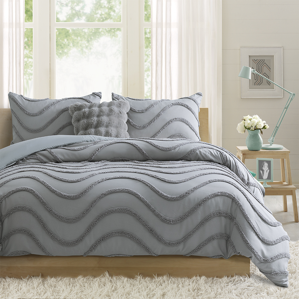 Milah Geometric Wave Moderne Tufted Chenille Broderi Dynetrekk Dynetrekk Sett Sengesett