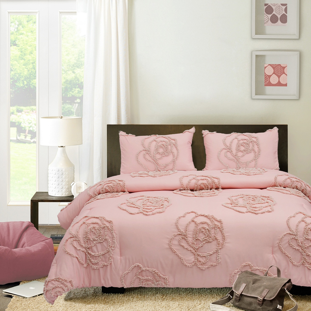 Mirelle Rose Floral Tufted Chenille Broderi Dynetrekk Dynetrekk Sett Sengesett